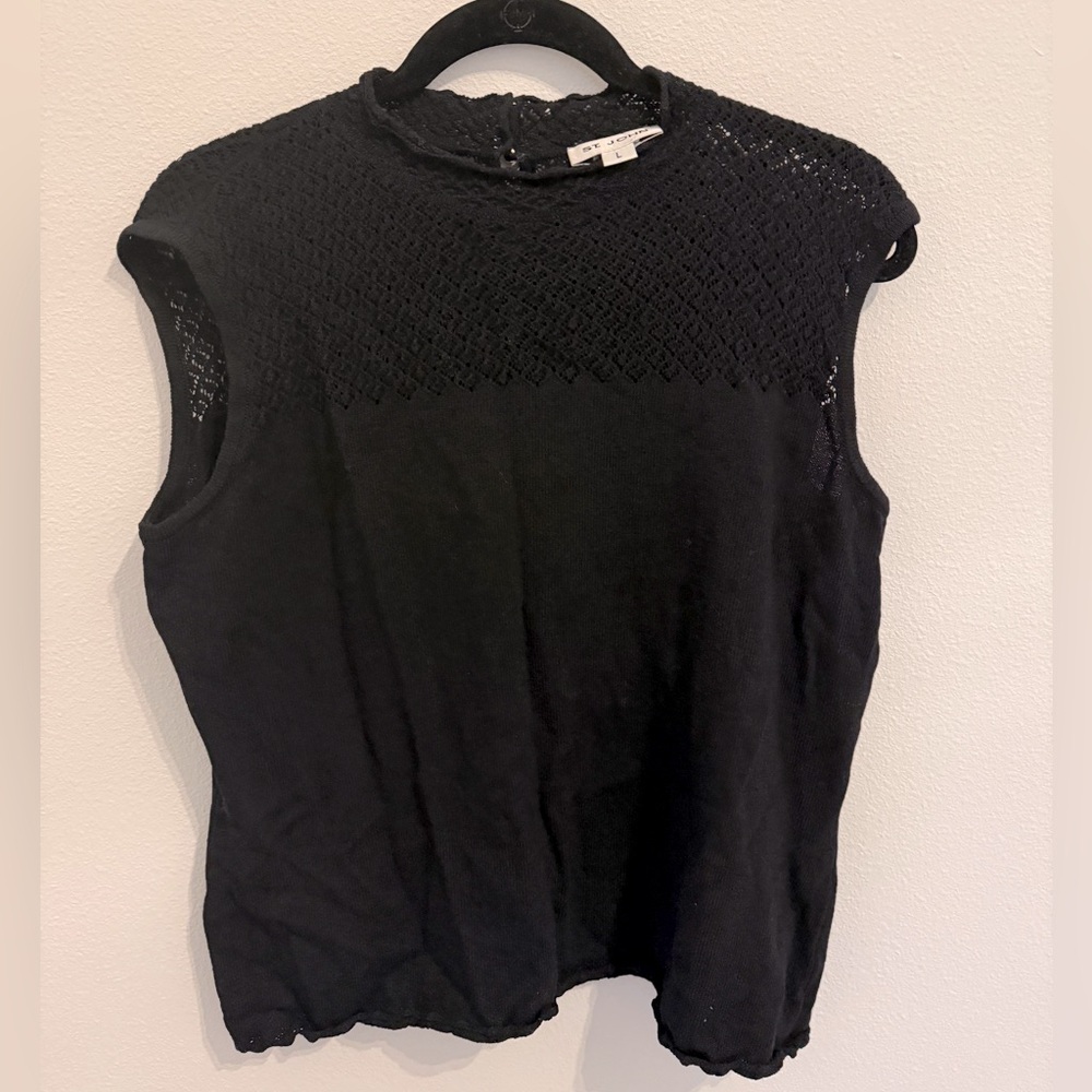 St. John Black Sleeveless Knit Shell with Lace Yoke